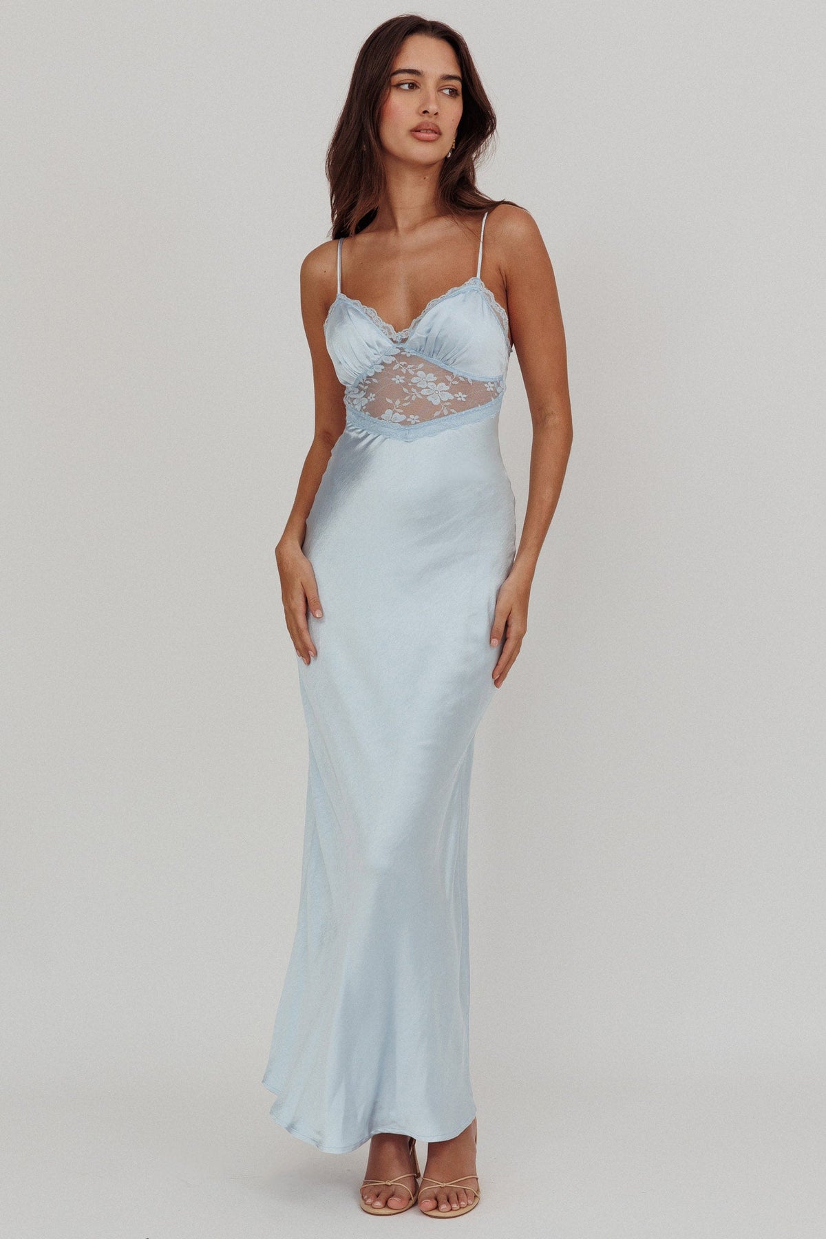 Her theory Lace Trim Maxi Dress Steel Blue